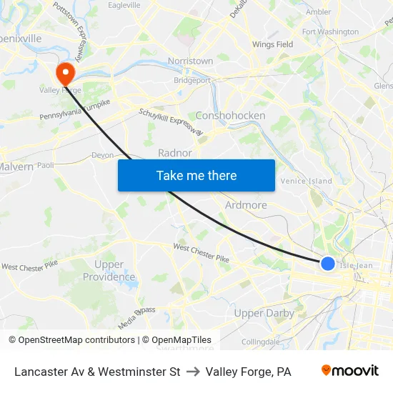Lancaster Av & Westminster St to Valley Forge, PA map
