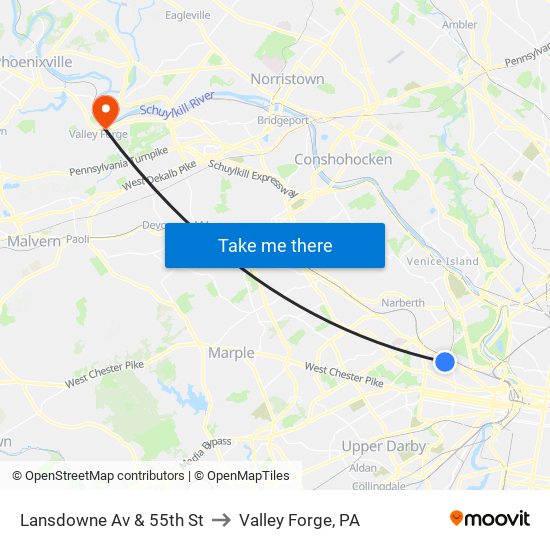 Lansdowne Av & 55th St to Valley Forge, PA map