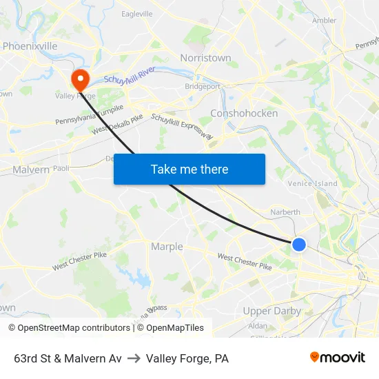63rd St & Malvern Av to Valley Forge, PA map