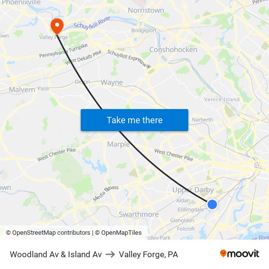 Woodland Av & Island Av to Valley Forge, PA map