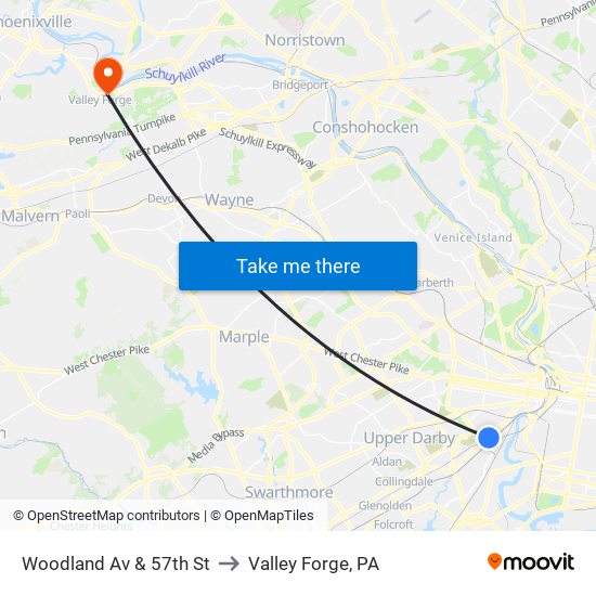 Woodland Av & 57th St to Valley Forge, PA map