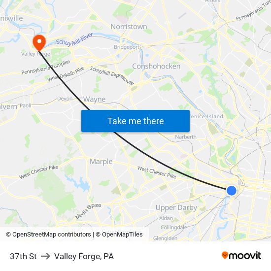 37th St to Valley Forge, PA map