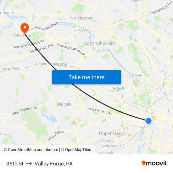 36th St to Valley Forge, PA map