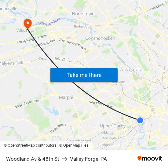 Woodland Av & 48th St to Valley Forge, PA map