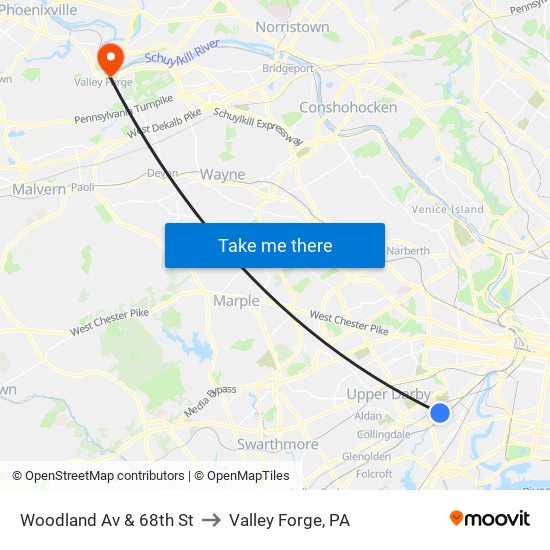 Woodland Av & 68th St to Valley Forge, PA map