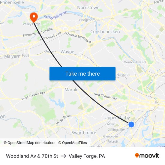 Woodland Av & 70th St to Valley Forge, PA map