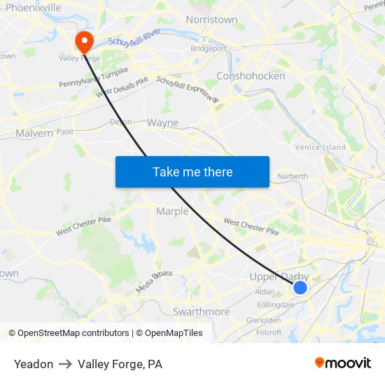 Yeadon to Valley Forge, PA map