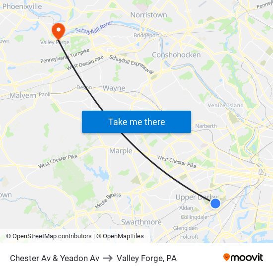 Chester Av & Yeadon Av to Valley Forge, PA map