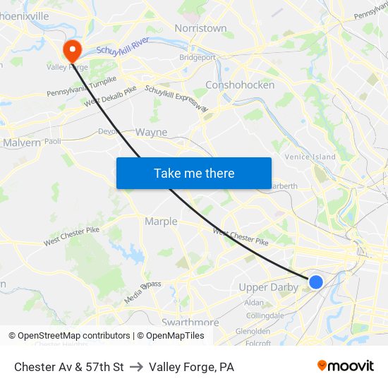 Chester Av & 57th St to Valley Forge, PA map