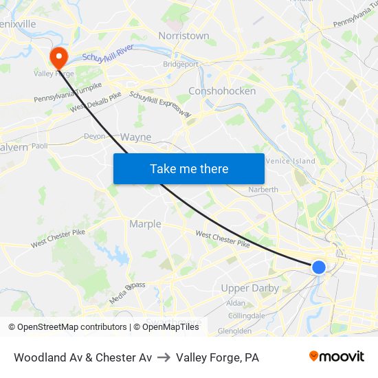 Woodland Av & Chester Av to Valley Forge, PA map