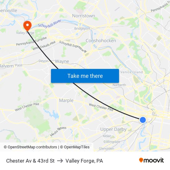 Chester Av & 43rd St to Valley Forge, PA map
