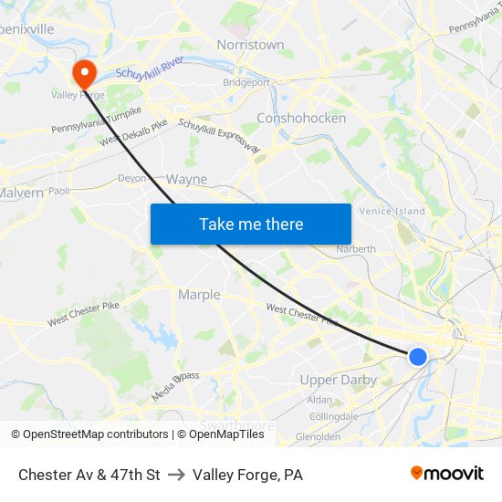 Chester Av & 47th St to Valley Forge, PA map