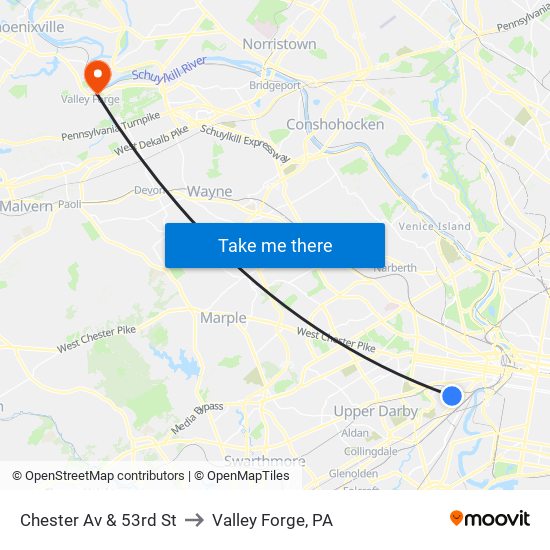 Chester Av & 53rd St to Valley Forge, PA map