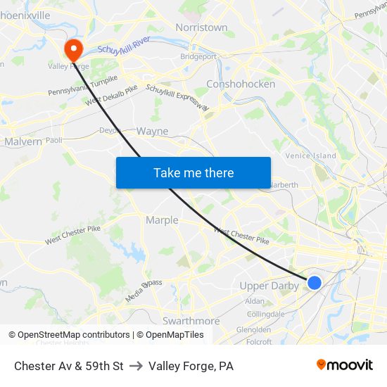 Chester Av & 59th St to Valley Forge, PA map