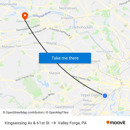 Kingsessing Av & 61st St to Valley Forge, PA map