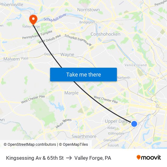 Kingsessing Av & 65th St to Valley Forge, PA map