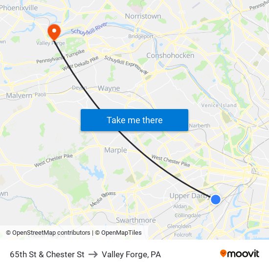 65th St & Chester St to Valley Forge, PA map