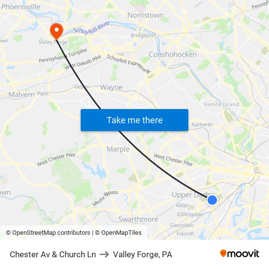 Chester Av & Church Ln to Valley Forge, PA map