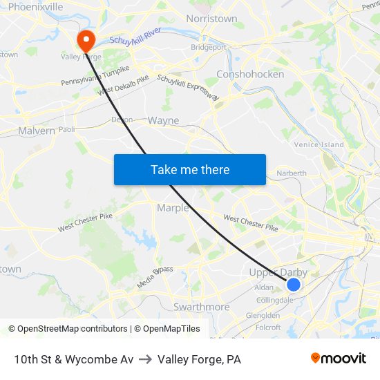 10th St & Wycombe Av to Valley Forge, PA map