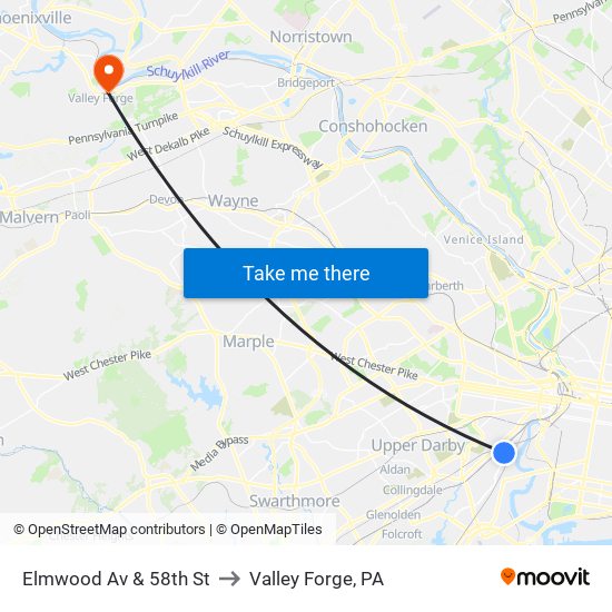 Elmwood Av & 58th St to Valley Forge, PA map