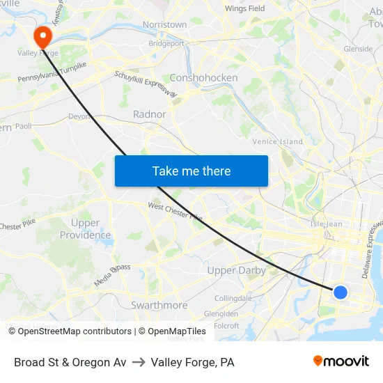 Broad St & Oregon Av to Valley Forge, PA map