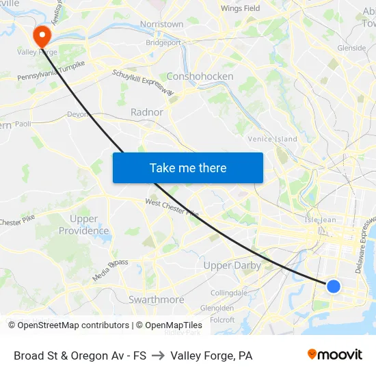 Broad St & Oregon Av - FS to Valley Forge, PA map