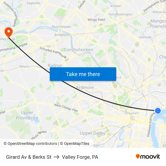 Girard Av & Berks St to Valley Forge, PA map