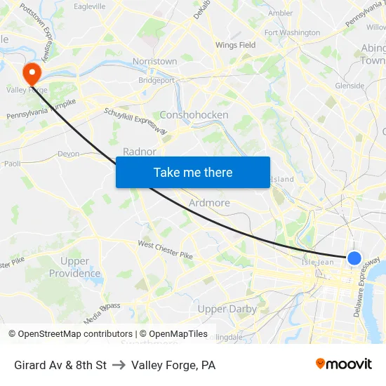 Girard Av & 8th St to Valley Forge, PA map