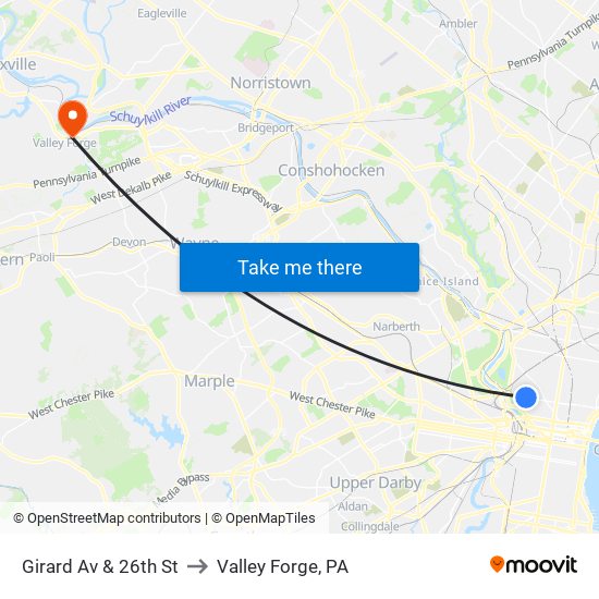 Girard Av & 26th St to Valley Forge, PA map