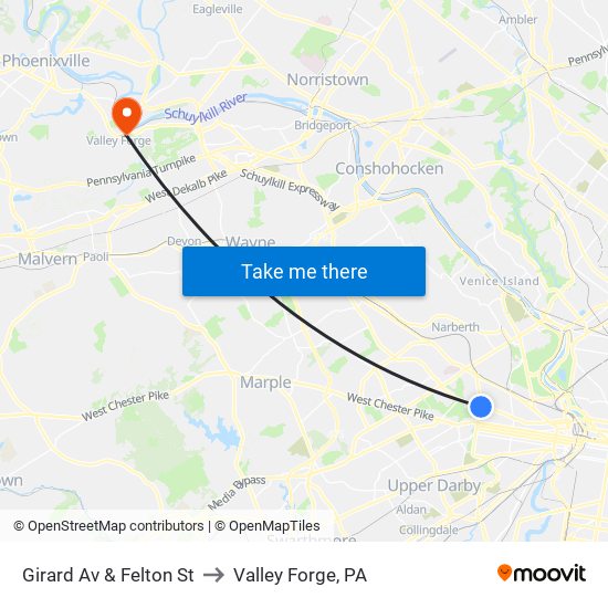 Girard Av & Felton St to Valley Forge, PA map