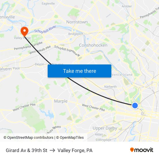 Girard Av & 39th St to Valley Forge, PA map