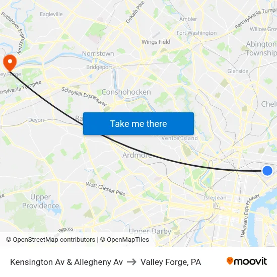 Kensington Av & Allegheny Av to Valley Forge, PA map