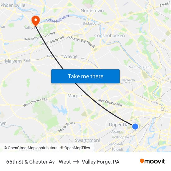 65th St & Chester Av - West to Valley Forge, PA map