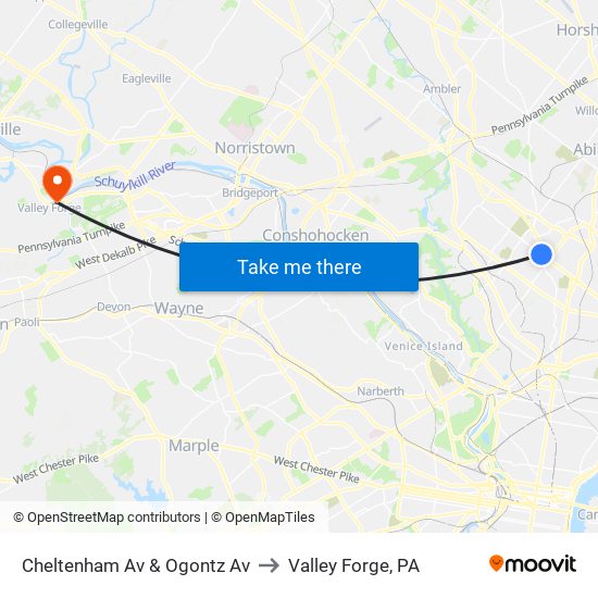 Cheltenham Av & Ogontz Av to Valley Forge, PA map