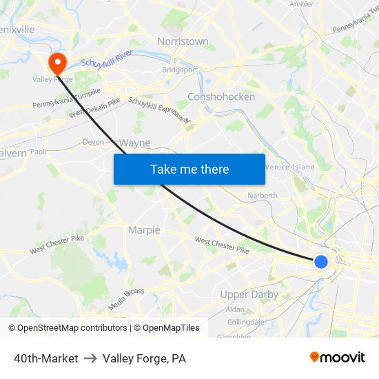 40th-Market to Valley Forge, PA map