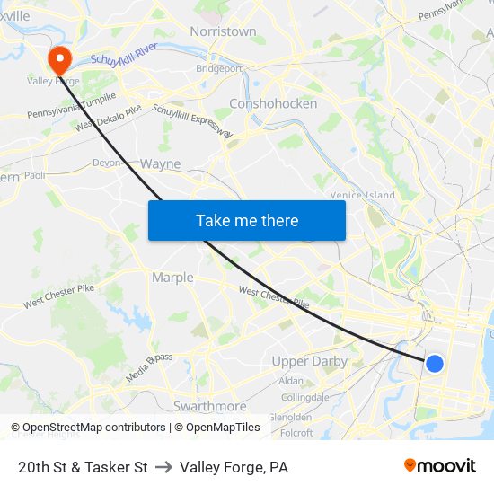 20th St & Tasker St to Valley Forge, PA map