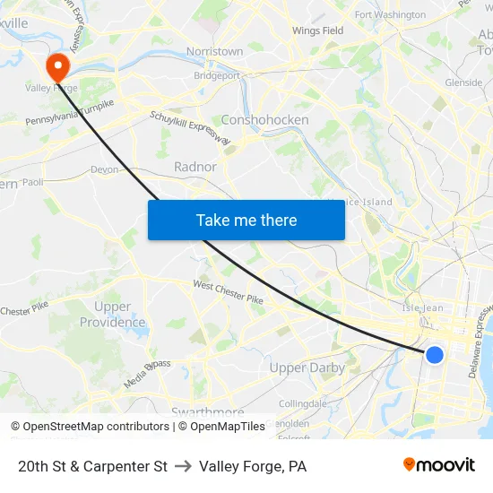 20th St & Carpenter St to Valley Forge, PA map