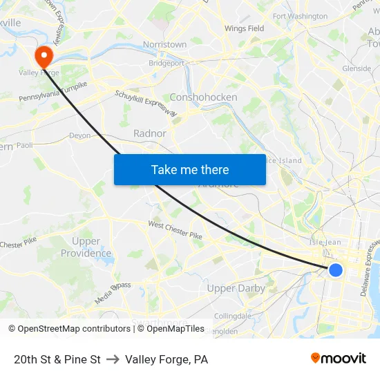 20th St & Pine St to Valley Forge, PA map