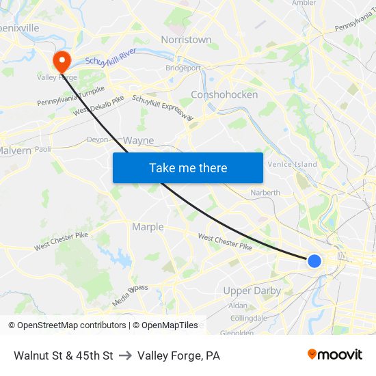 Walnut St & 45th St to Valley Forge, PA map