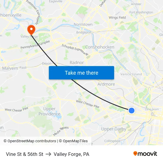 Vine St & 56th St to Valley Forge, PA map