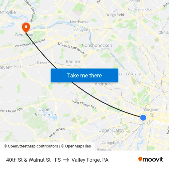40th St & Walnut St - FS to Valley Forge, PA map