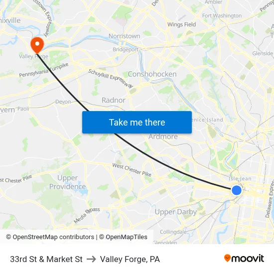 33rd St & Market St to Valley Forge, PA map