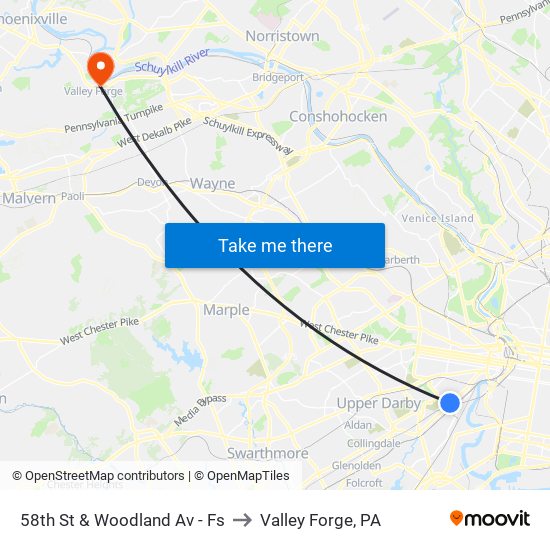 58th St & Woodland Av - Fs to Valley Forge, PA map