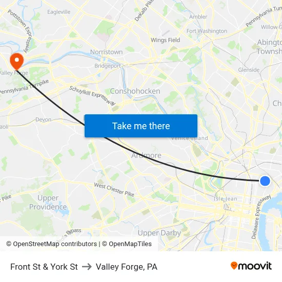 Front St & York St to Valley Forge, PA map