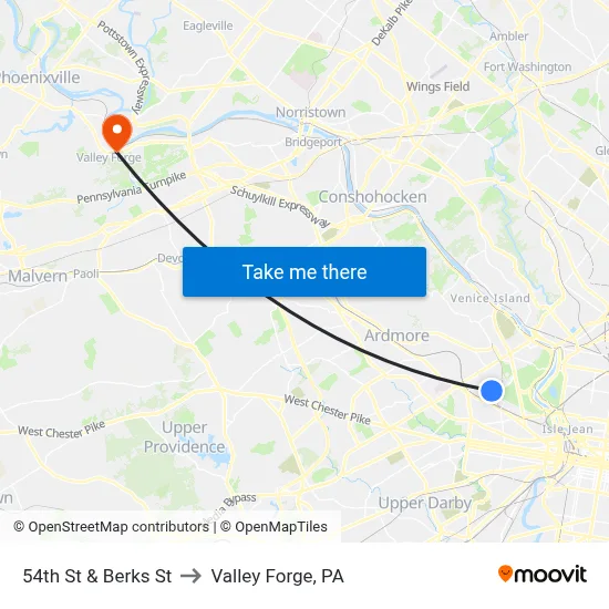54th St & Berks St to Valley Forge, PA map