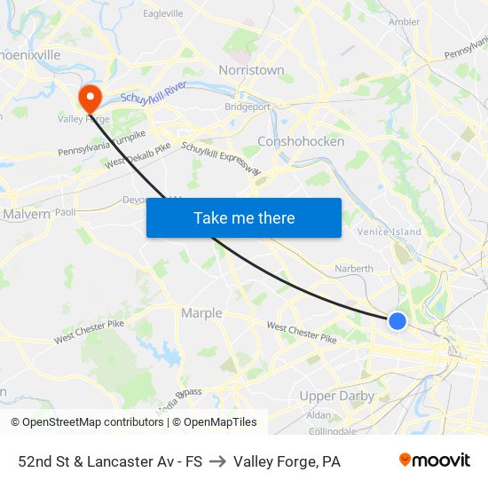 52nd St & Lancaster Av - FS to Valley Forge, PA map