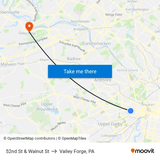 52nd St & Walnut St to Valley Forge, PA map