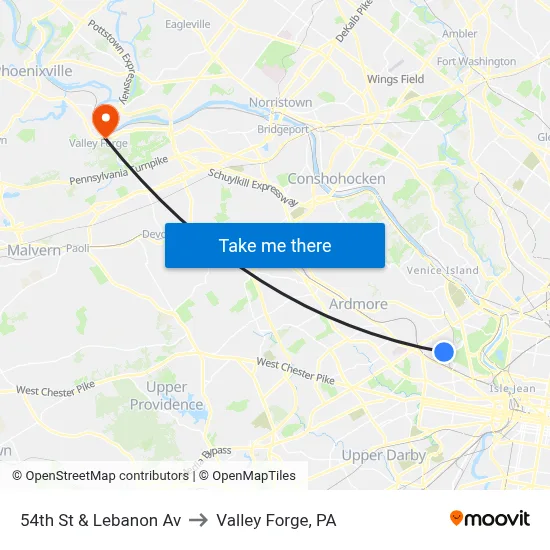54th St & Lebanon Av to Valley Forge, PA map