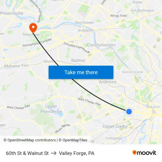 60th St & Walnut St to Valley Forge, PA map