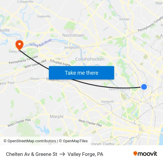 Chelten Av & Greene St to Valley Forge, PA map